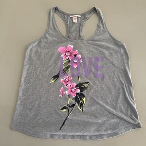 Victoria's Secret Gray Racerback Tank with Pink Floral 'LOVE' Graphic Summer